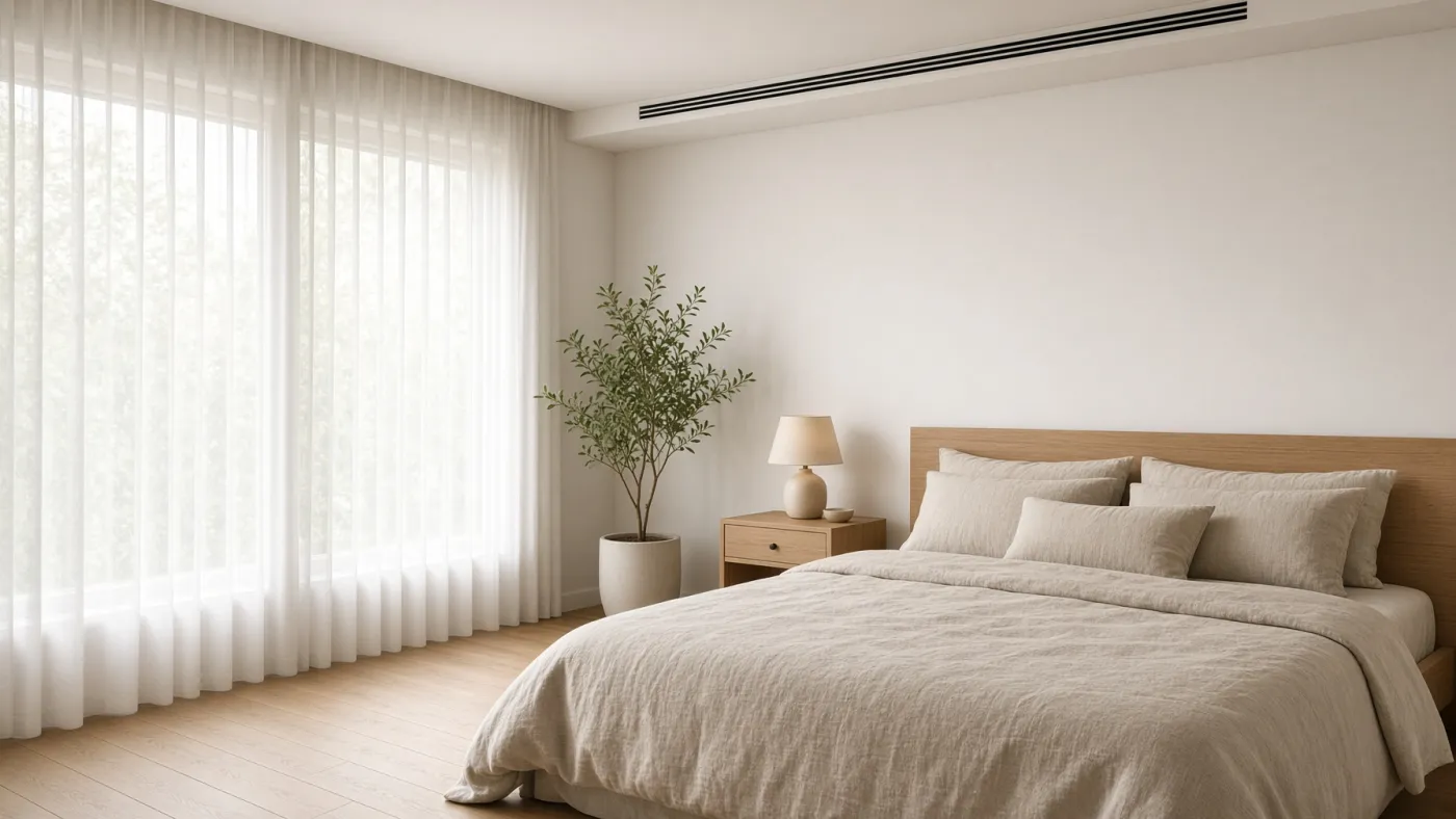 Camera da letto moderna con la bocchetta lineare della VMC nel soffitto e le finestre chiuse
